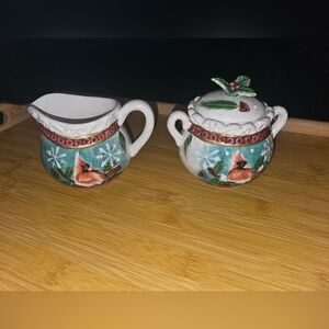 Festive Cardinal Creamer and Sugar Set